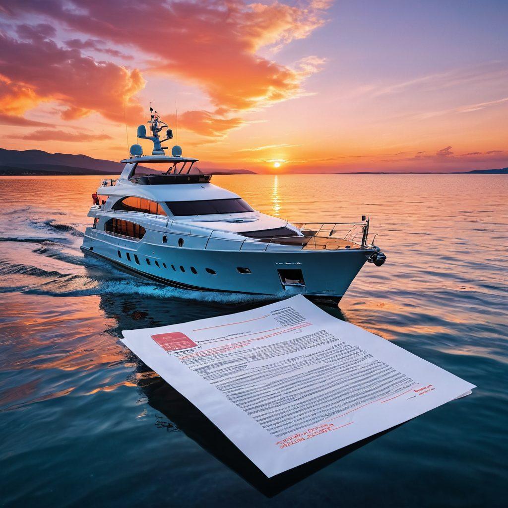 A visually striking scene of a large, majestic yacht sailing through calm blue waters, with a backdrop of a sunset illuminating the sky in vibrant hues of orange and pink. In the foreground, a detailed close-up of a marine insurance policy document is partially submerged in water, symbolizing protection. Nautical elements like anchors and life preservers add context. super-realistic. vibrant colors. 3D.