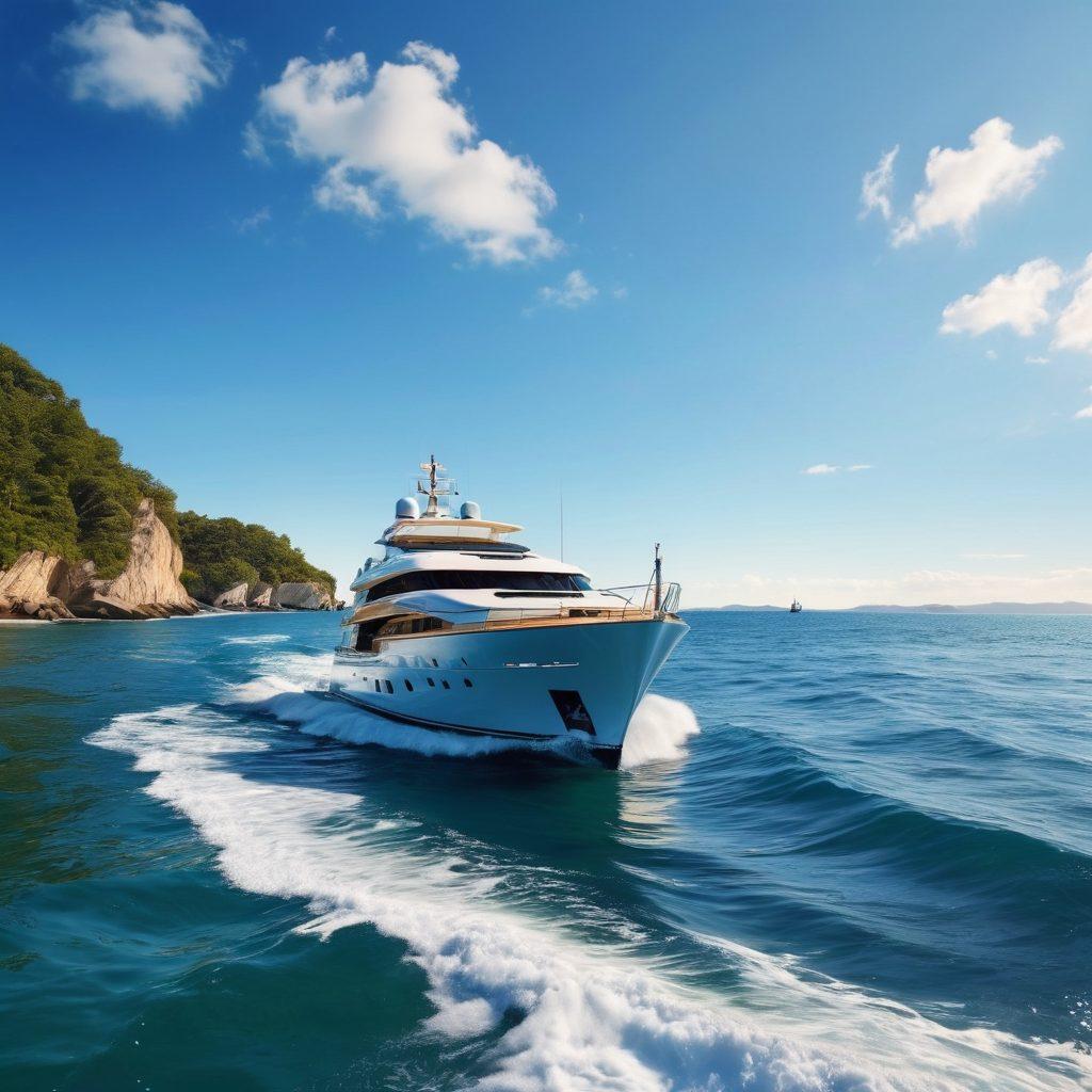 A serene ocean scene showcasing a luxurious yacht navigating through gentle waves under a clear blue sky. Incorporate elements like a relaxed captain on board, a family enjoying the sun, and safety equipment visible, symbolizing peace of mind. In the background, add a distant shoreline and sailboats, representing the adventure aspect of yacht ownership. Vibrant colors. super-realistic.