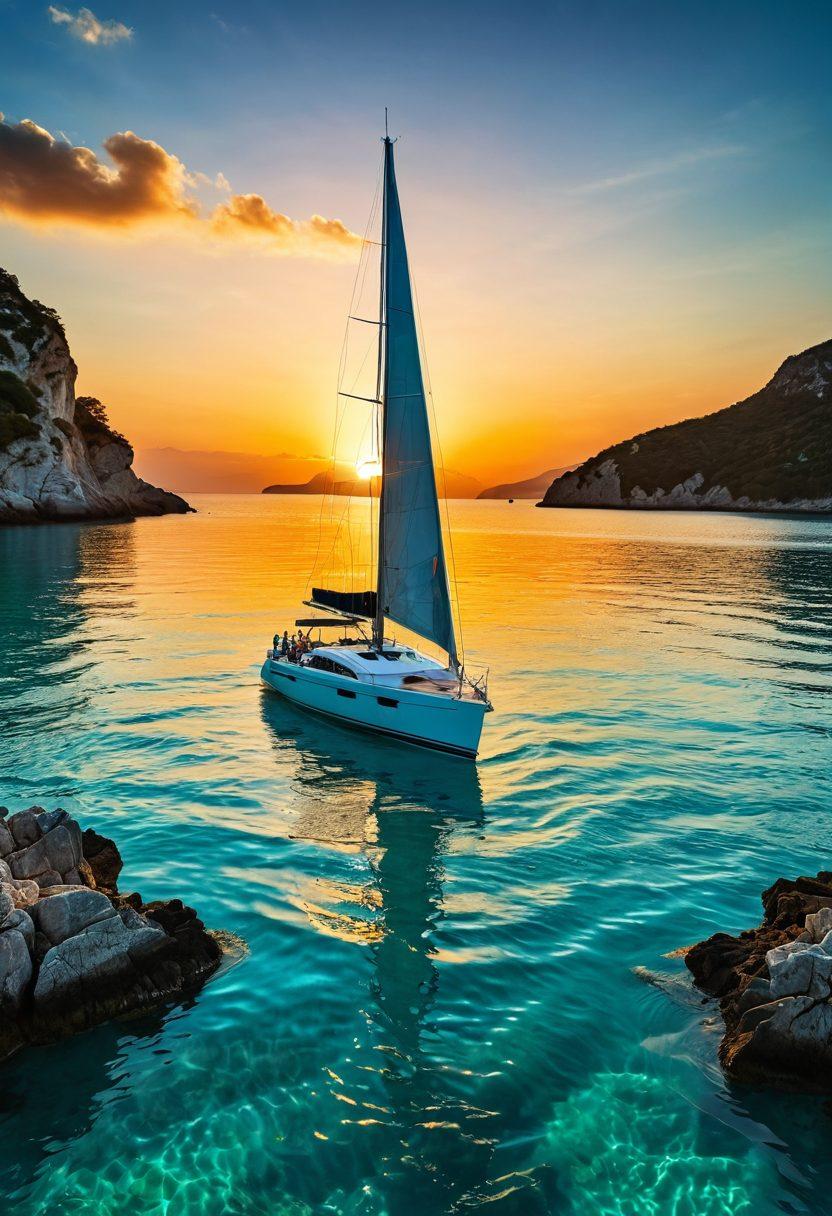A picturesque yacht gliding through crystal-clear turquoise waters, surrounded by a vibrant marine landscape. Include a sailboat silhouette against a setting sun, symbolizing adventure. The foreground features a glossy brochure displaying yacht insurance tips and protective gear. The scene should convey tranquility and security for yacht owners. super-realistic. vibrant colors. ocean theme.